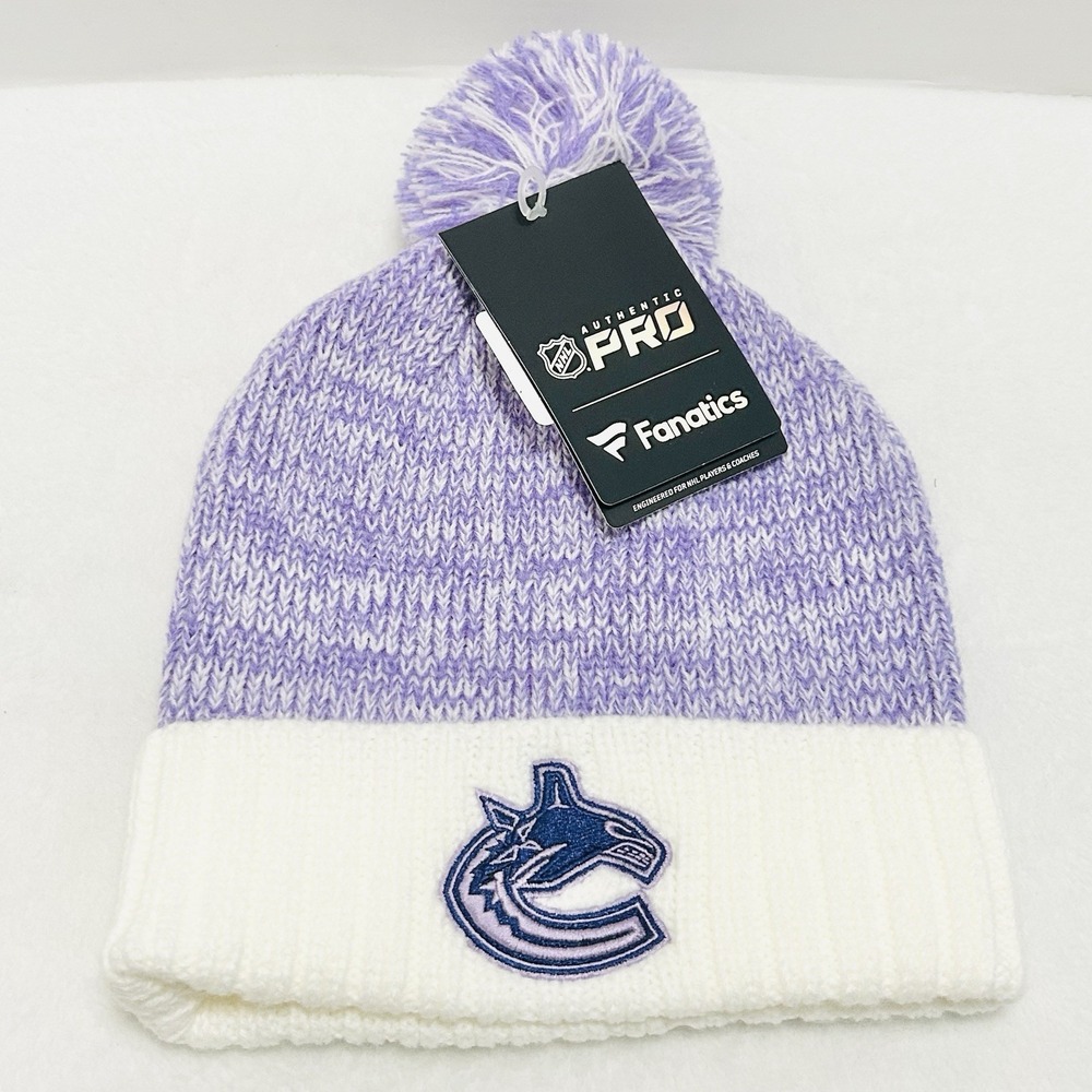 Fanatics Vancouver‎ Canucks Hockey Fights Cancer Beanie Hat Cap Pom Cuffed White